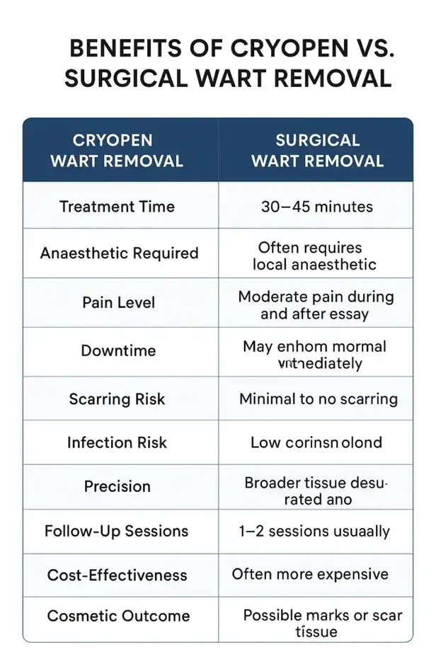Table showing the benefits of cryopen to remove warts Warwickshire compared to surgical treatment